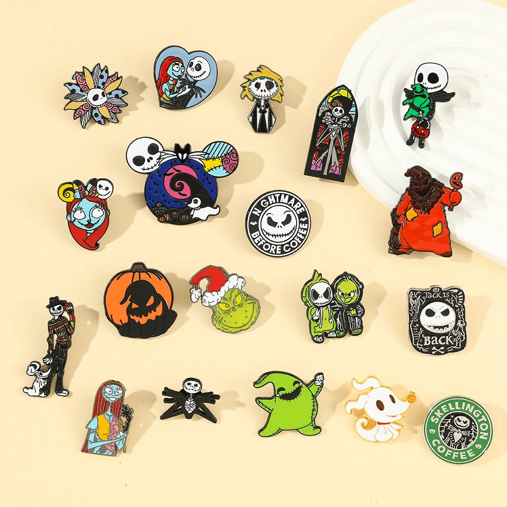 Anime the Nightmare Before Christmas Brooches Jack Skellington Jewelry Metal Badges Disney Halloween Accessories Enamel Pins