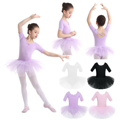 2-10 Years Kids Girls Tutu Ballerina Dancewear Short Sleeve Cotton Tulle Ballet Dance Gymnastics Leotard Performance Tutu Dress