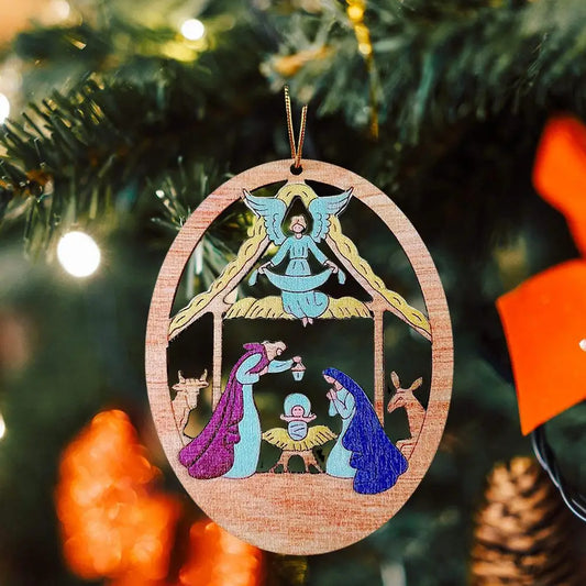 Christ Nativity Of Jesus Ornament Hanging Crafts Wooden Hollow Nativity Scene Memorial Pendant Christmas Tree Decoration Xmas