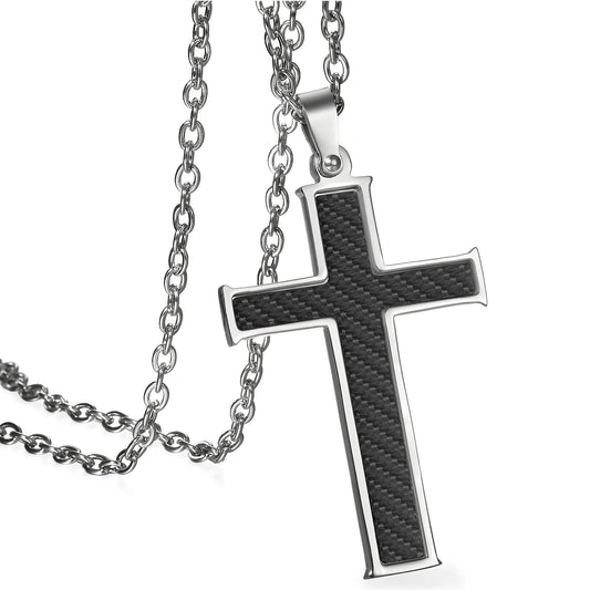 BONISKISS Carbon Fiber Stainless Steel Mens Cross Necklace Pendant, Black Silver Color , 21.5 inch Chain