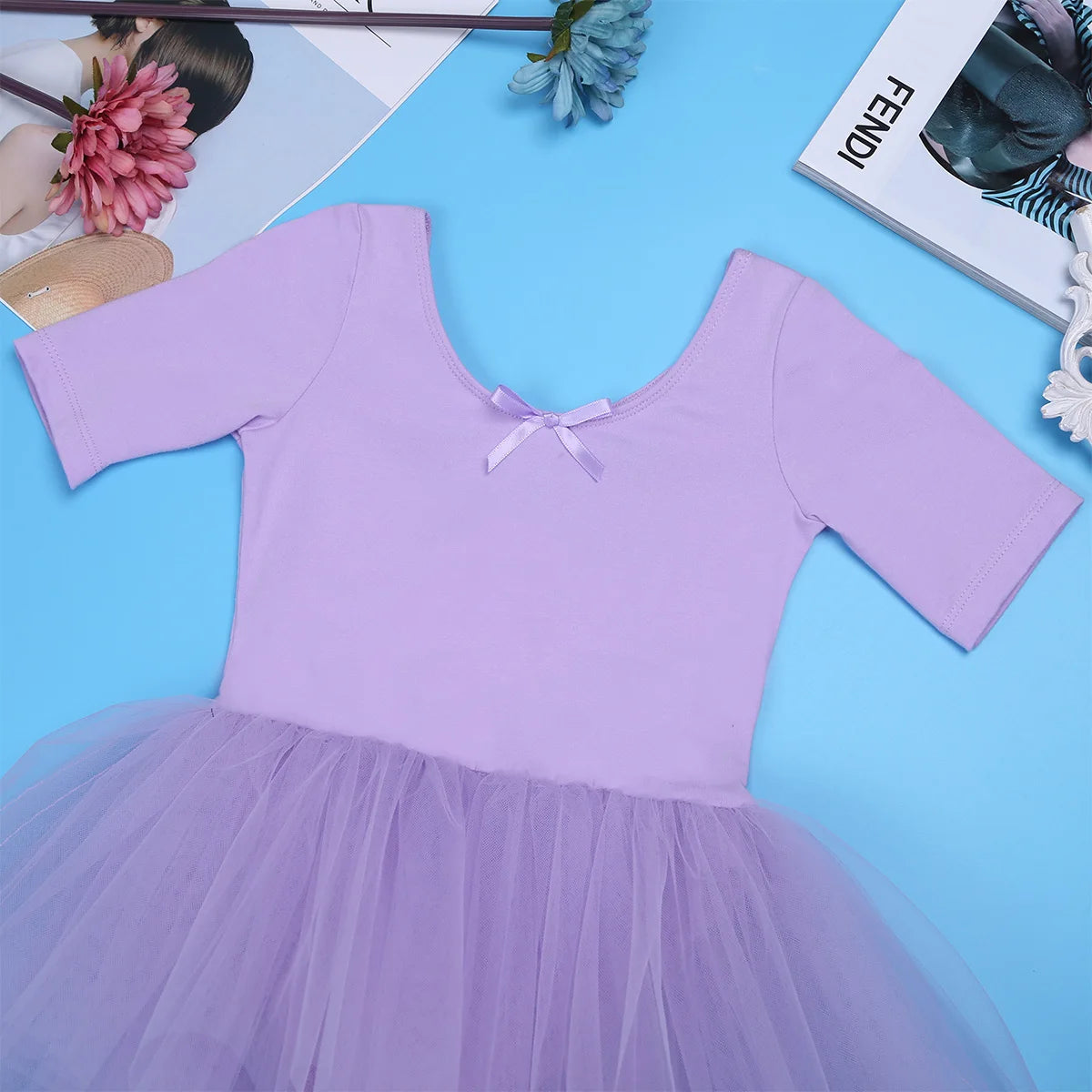 2-10 Years Kids Girls Tutu Ballerina Dancewear Short Sleeve Cotton Tulle Ballet Dance Gymnastics Leotard Performance Tutu Dress