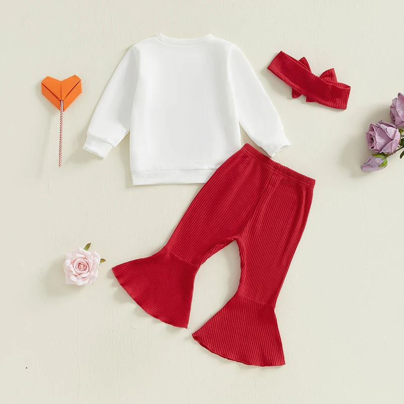 2024-10-23 Lioraitiin Baby Girls Valentines Day Outfit Long Sleeve Embroidery Letter Sweatshirt with Flare Pant Headband Clothes