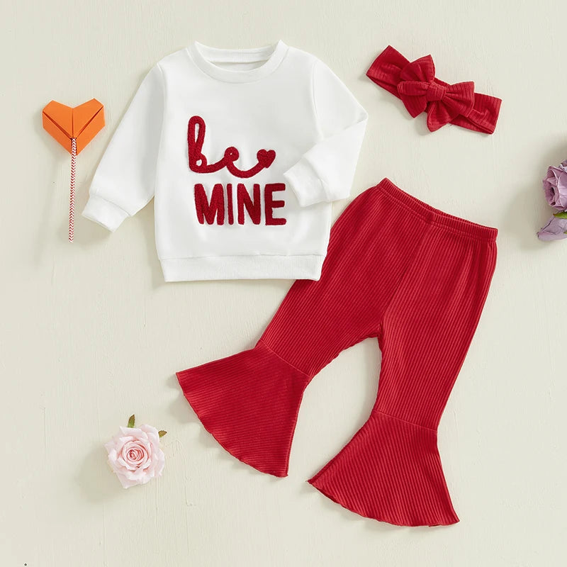 2024-10-23 Lioraitiin Baby Girls Valentines Day Outfit Long Sleeve Embroidery Letter Sweatshirt with Flare Pant Headband Clothes