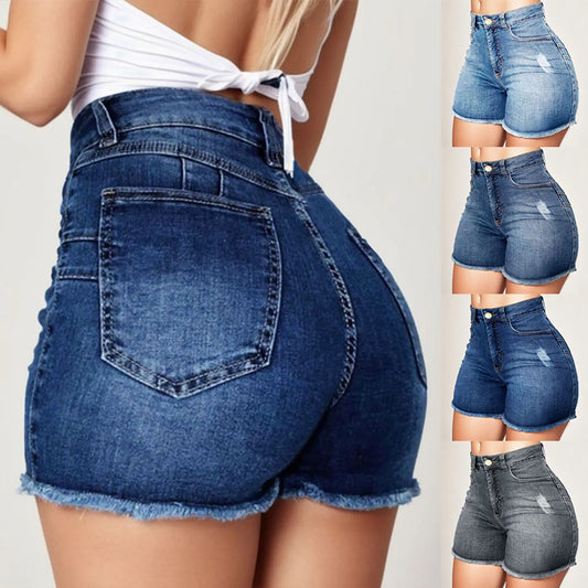 Women's denim shorts High Waist Shorts Women's Fringe Frayed Ripped Jeans With Pockets