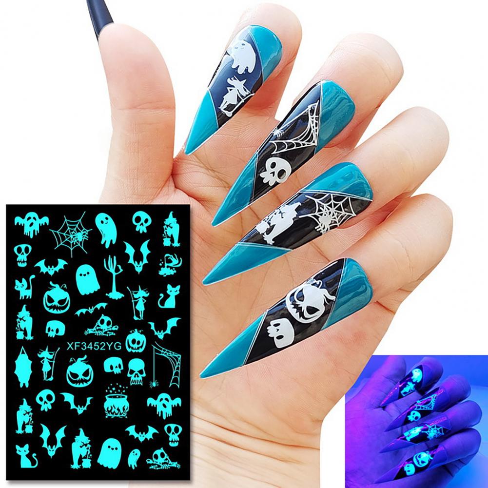 12Pcs Fingernail Decals  Self Adhesive   Luminous Nail Decals Halloween Spider Skull Pumpkin Nail Decal