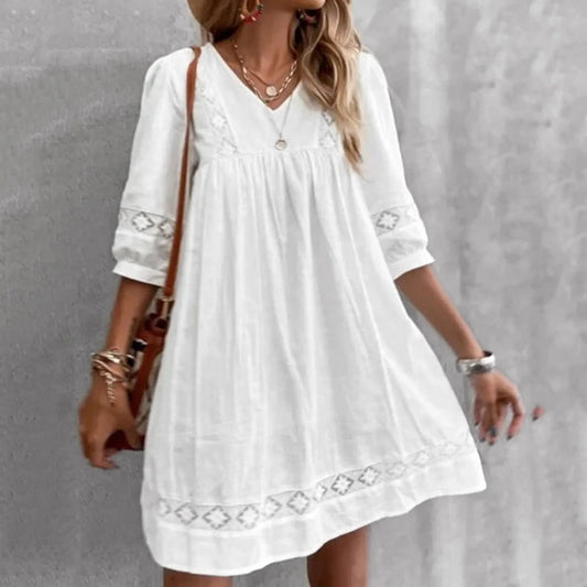 Boho Sundress For Women Casual Summer Lace Dress V Neck Half Sleeve Beach Dress Swing Dress Fashion Loose White Midi Dress