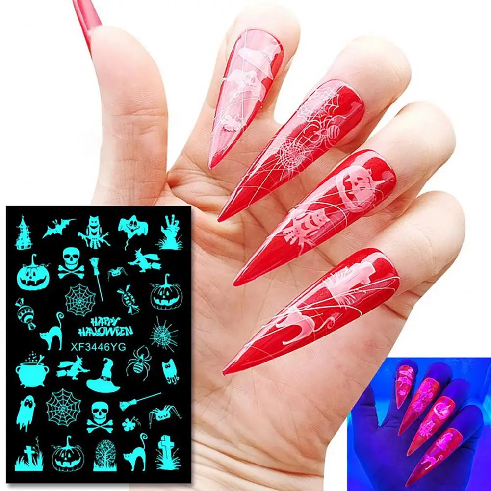 12Pcs Fingernail Decals  Self Adhesive   Luminous Nail Decals Halloween Spider Skull Pumpkin Nail Decal