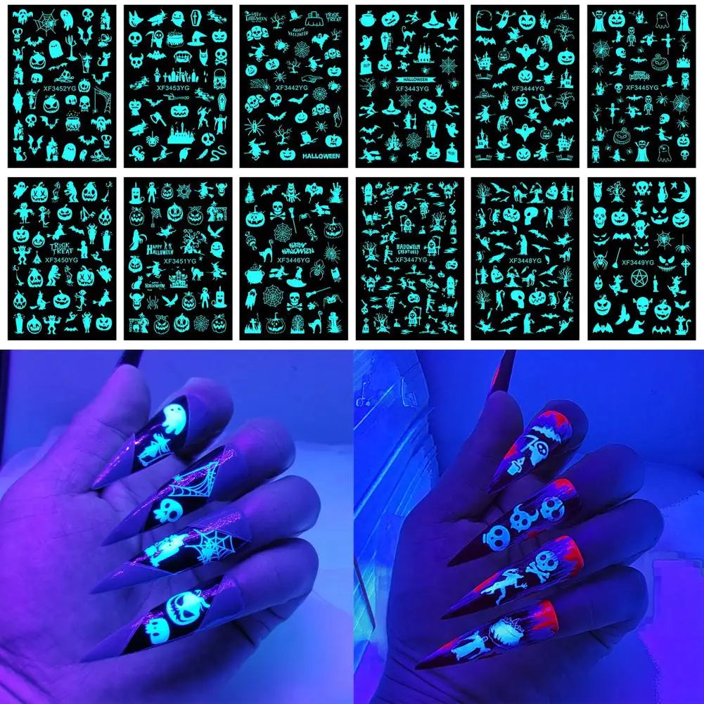 12Pcs Fingernail Decals  Self Adhesive   Luminous Nail Decals Halloween Spider Skull Pumpkin Nail Decal