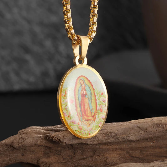 Stainless Steel Religious Vintage Style Guadalupe Catholic Church Virgin Mary Amulet Pendant Necklace Women Amulet Jewelry