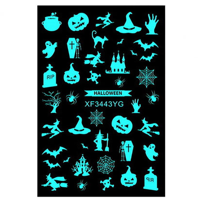 12Pcs Fingernail Decals  Self Adhesive   Luminous Nail Decals Halloween Spider Skull Pumpkin Nail Decal