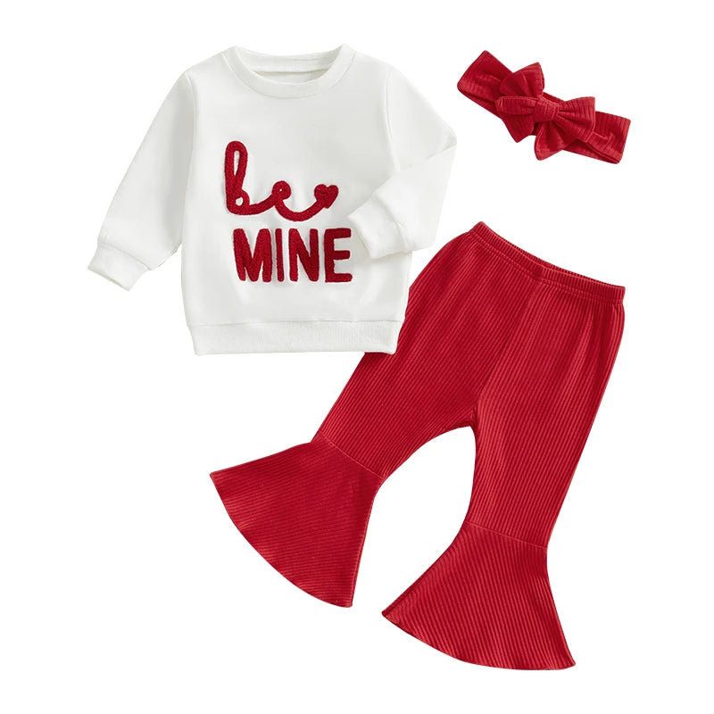 2024-10-23 Lioraitiin Baby Girls Valentines Day Outfit Long Sleeve Embroidery Letter Sweatshirt with Flare Pant Headband Clothes