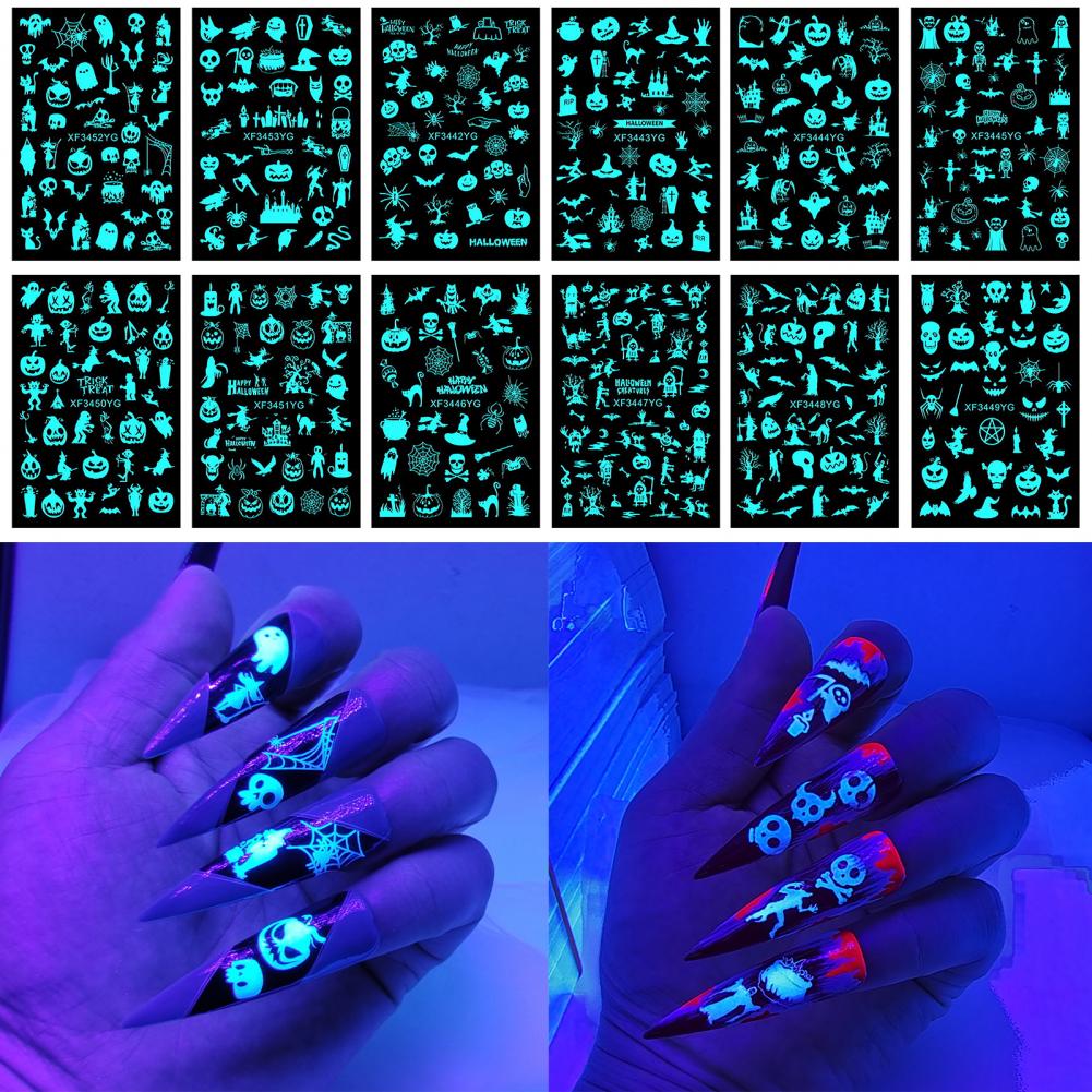 12Pcs Fingernail Decals  Non-Fading   Nail Stickers Halloween Luminous Nail Art Decoration Sticker