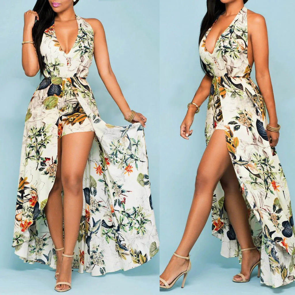 Women Summer Off Shouder Temperament Floral Jumpsuit Casual V Neck Party Beach Playsuit Sexy Halter Backless Long Dress