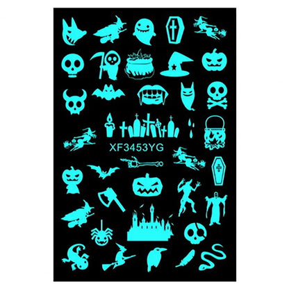 12Pcs Fingernail Decals  Self Adhesive   Luminous Nail Decals Halloween Spider Skull Pumpkin Nail Decal