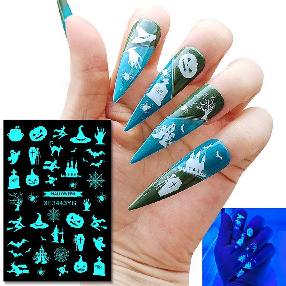 12Pcs Fingernail Decals  Self Adhesive   Luminous Nail Decals Halloween Spider Skull Pumpkin Nail Decal