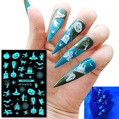 12Pcs Fingernail Decals  Self Adhesive   Luminous Nail Decals Halloween Spider Skull Pumpkin Nail Decal