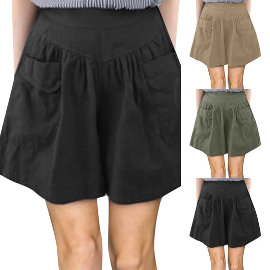 Women’s Plus Size Vintage Shorts Skirts Solid Color Big Pockets Elastic Waist Wide Leg Shorts Summer Culotte Jogger Sport Shorts