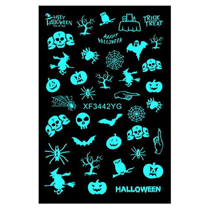 12Pcs Fingernail Decals  Self Adhesive   Luminous Nail Decals Halloween Spider Skull Pumpkin Nail Decal