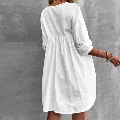 Boho Sundress For Women Casual Summer Lace Dress V Neck Half Sleeve Beach Dress Swing Dress Fashion Loose White Midi Dress