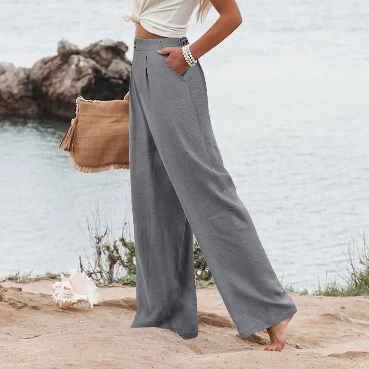 Fashion Wide Leg Pants For Women Solid Color Elastic Waist Trousers Button Pocket Loose Comfy Casual Pants For Women Summer 2024