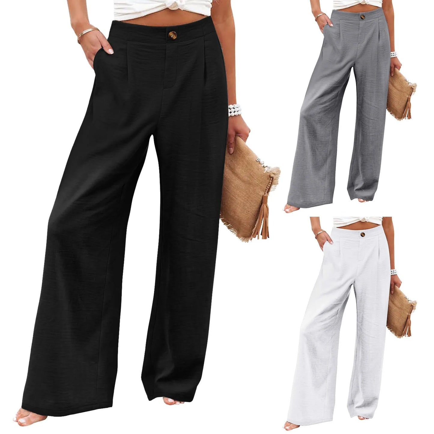 Fashion Wide Leg Pants For Women Solid Color Elastic Waist Trousers Button Pocket Loose Comfy Casual Pants For Women Summer 2024