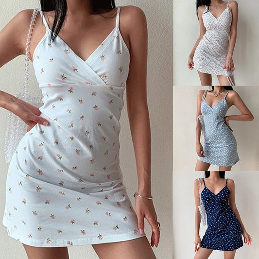 Y2K Vintage Floral Cross Camis Dress Women Slim Sleeveless V-Neck Summer Sexy Cute Backless Patry Black Mini Dresses Woman Cloth