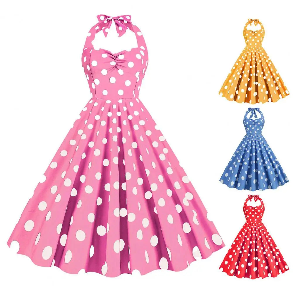 Women's Retro Dresses 50's Retro A-Line Large Hem Sleeveless Polka Dot Print Backless Knee Length Evening Dress Summer