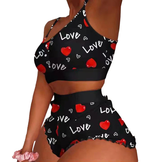 Women\'s Fashion Print Pajama Set with Sleeveless Crop Top and Short Pants Comfortable Sleepwear Nightwear Lingerie