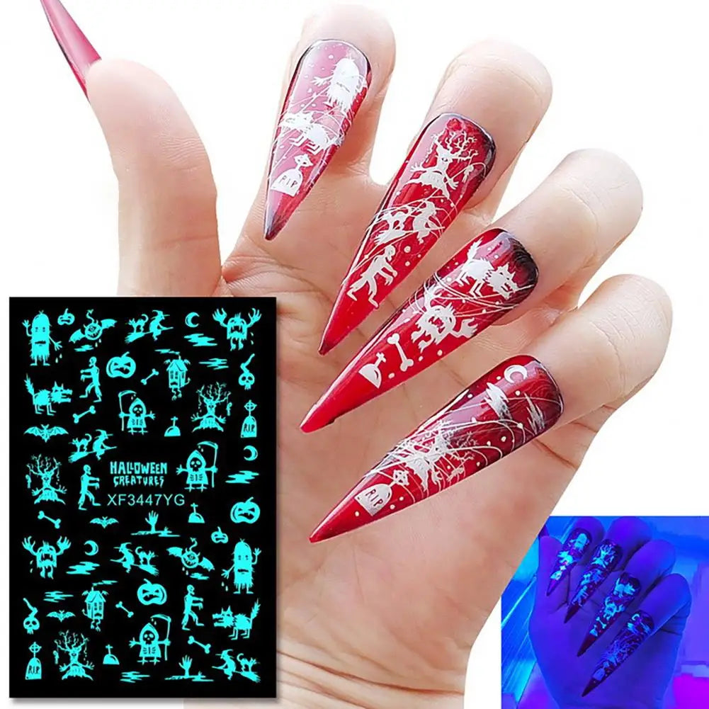 12Pcs Fingernail Decals  Non-Fading   Nail Stickers Halloween Luminous Nail Art Decoration Sticker