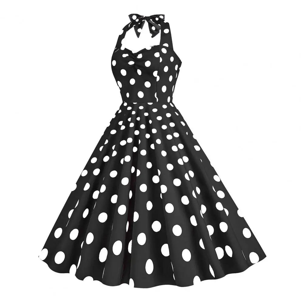 1950s Dress Retro A-line Swing Dress Vintage Print Elastic Bust Halter Neck Dress vestidos para mujer