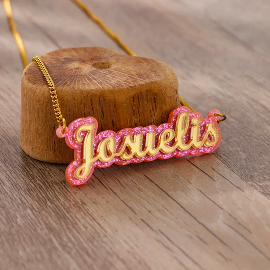 Shiny Acrylic Custom Name Necklace For Women Gilrs Children Gold Color Chain Pink Nameplated Pendant Stainless Steel Jewelry