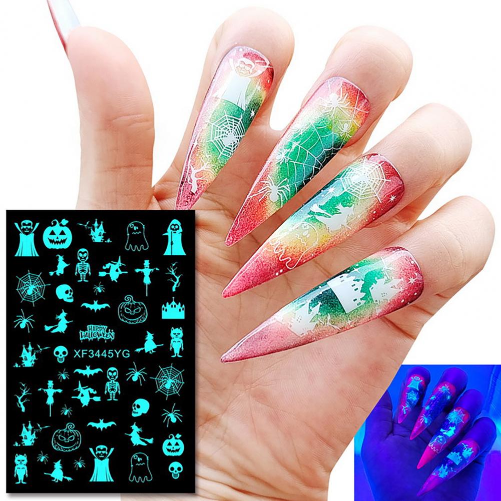 12Pcs Fingernail Decals  Self Adhesive   Luminous Nail Decals Halloween Spider Skull Pumpkin Nail Decal