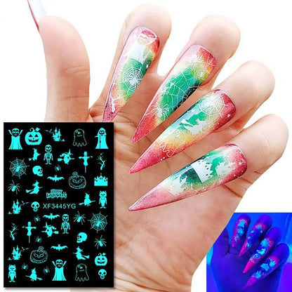 12Pcs Fingernail Decals  Self Adhesive   Luminous Nail Decals Halloween Spider Skull Pumpkin Nail Decal