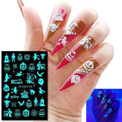 12Pcs Fingernail Decals  Non-Fading   Nail Stickers Halloween Luminous Nail Art Decoration Sticker