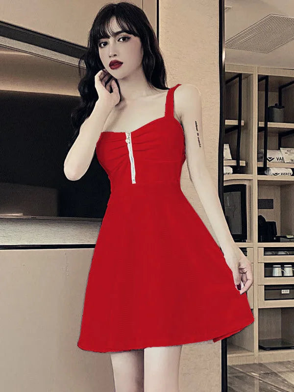 2024 New Sexy Dress Mesh Red Strap A-line Slim Fit Slim Ruffled Low Chest Zipper Korean Style Short Dress Women Charm PG9J