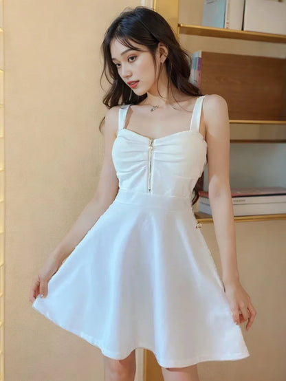 2024 New Sexy Dress Mesh Red Strap A-line Slim Fit Slim Ruffled Low Chest Zipper Korean Style Short Dress Women Charm PG9J