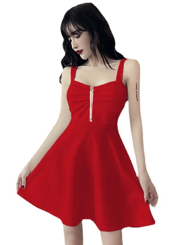 2024 New Sexy Dress Mesh Red Strap A-line Slim Fit Slim Ruffled Low Chest Zipper Korean Style Short Dress Women Charm PG9J