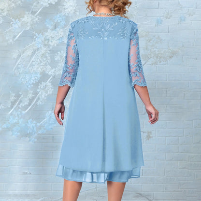 Flower Embroidery Loose Formal Dress 3/4 Mesh Sleeve Patchwork Chiffon Dresses Elegance Wedding Party Cocktail Vestido Plus Size