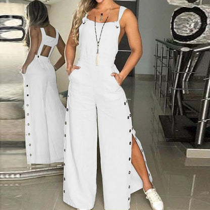 Button Overalls for Women Summer Jumpsuit Solid Casual Openings Button Wide Leg Suspender Pants Overalls with Pockets