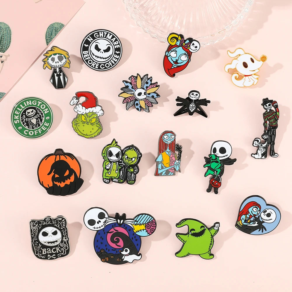 Anime the Nightmare Before Christmas Brooches Jack Skellington Jewelry Metal Badges Disney Halloween Accessories Enamel Pins