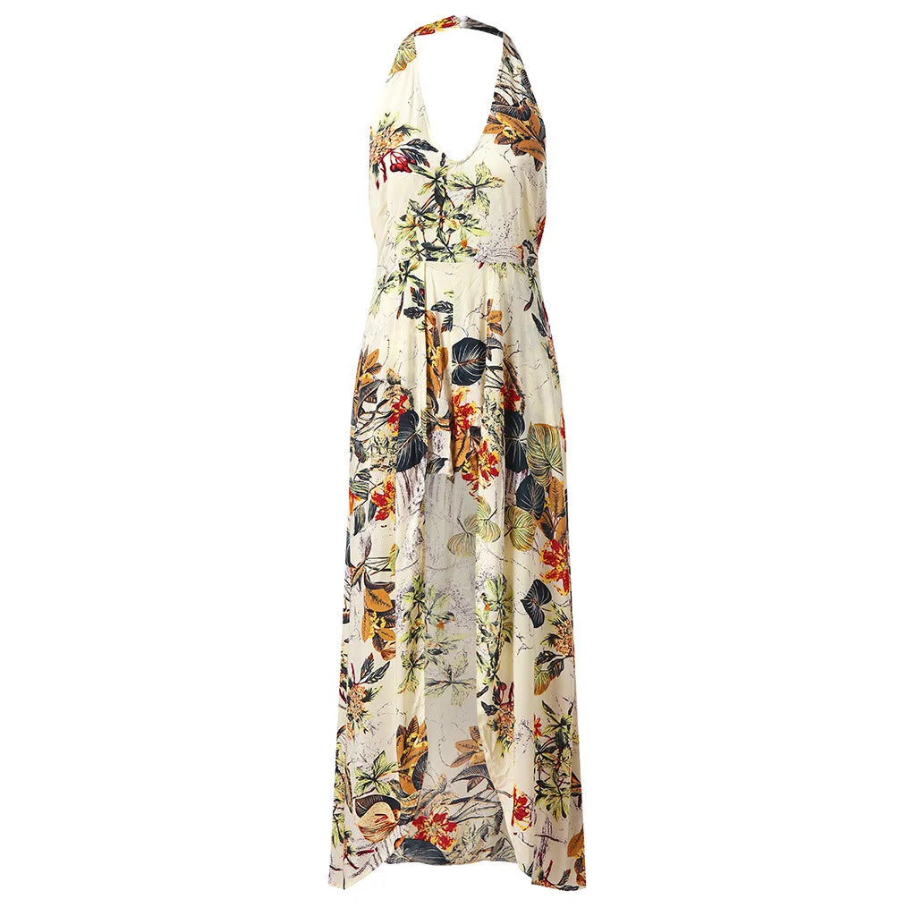 Women Summer Off Shouder Temperament Floral Jumpsuit Casual V Neck Party Beach Playsuit Sexy Halter Backless Long Dress