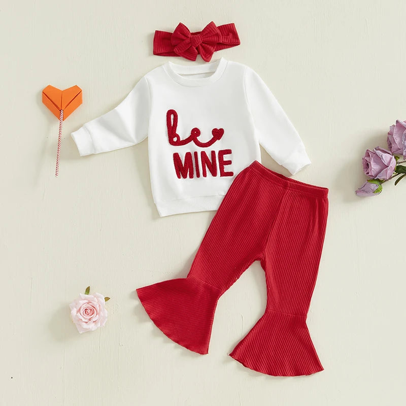 2024-10-23 Lioraitiin Baby Girls Valentines Day Outfit Long Sleeve Embroidery Letter Sweatshirt with Flare Pant Headband Clothes