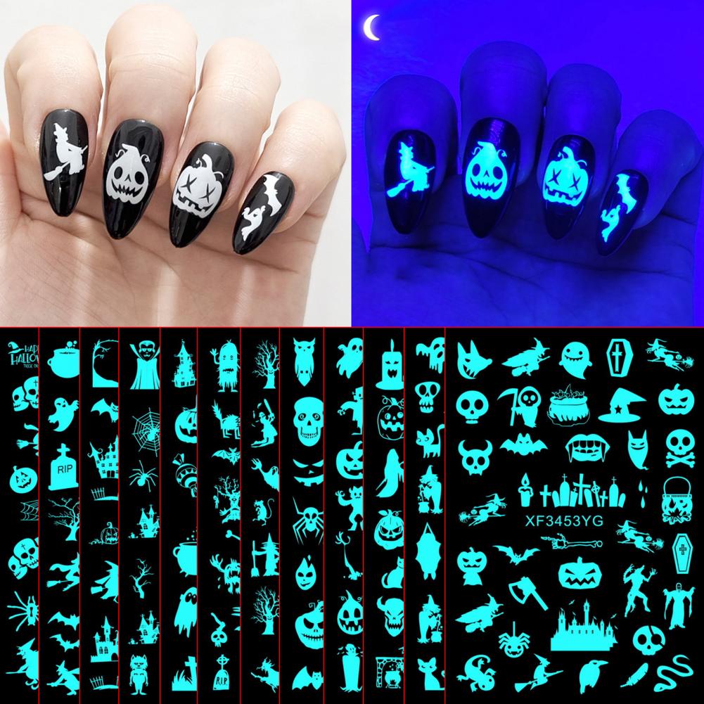 12Pcs Fingernail Decals  Self Adhesive   Luminous Nail Decals Halloween Spider Skull Pumpkin Nail Decal