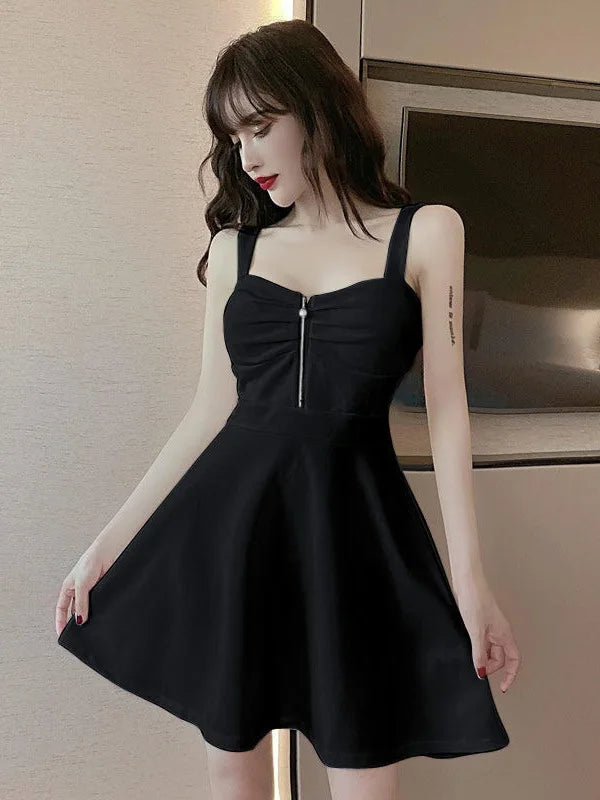 2024 New Sexy Dress Mesh Red Strap A-line Slim Fit Slim Ruffled Low Chest Zipper Korean Style Short Dress Women Charm PG9J