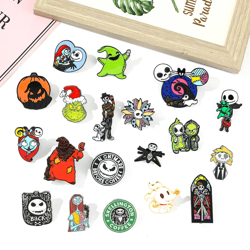 Anime the Nightmare Before Christmas Brooches Jack Skellington Jewelry Metal Badges Disney Halloween Accessories Enamel Pins